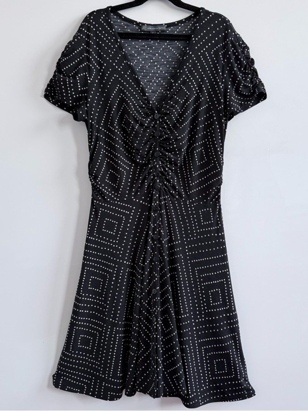 Adrianna Papell Ruched Black Polka Dot Mini Dress